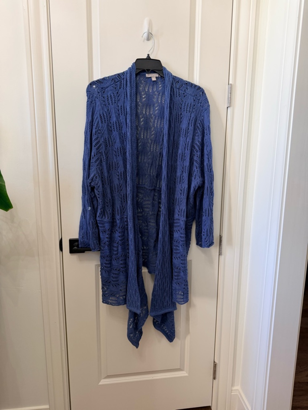 Woman Within Blue Crochet Open-Front Cardigan